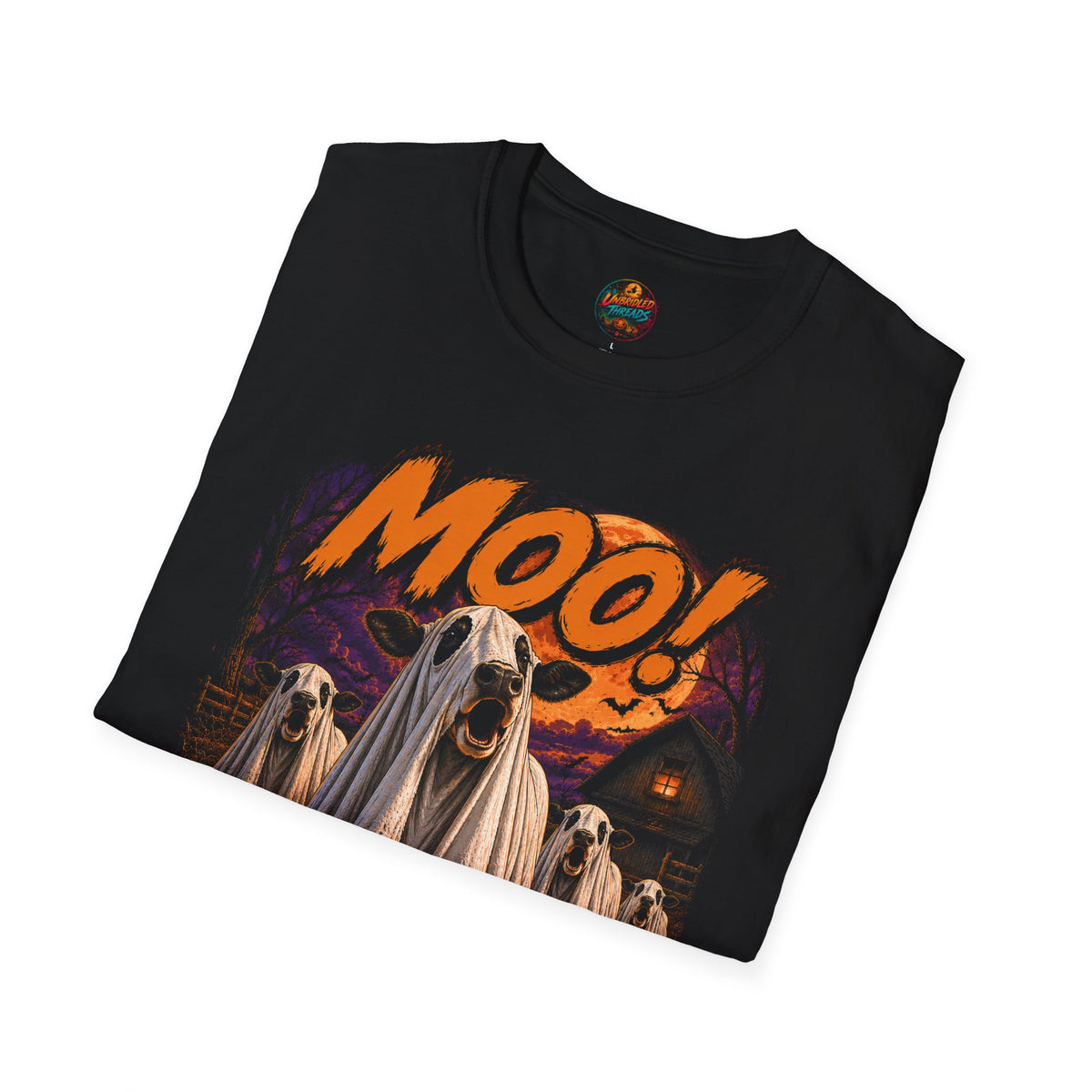 Halloween Ghost Cow T-Shirt — "MOO!" Spooky Farm Graphic Black Tee