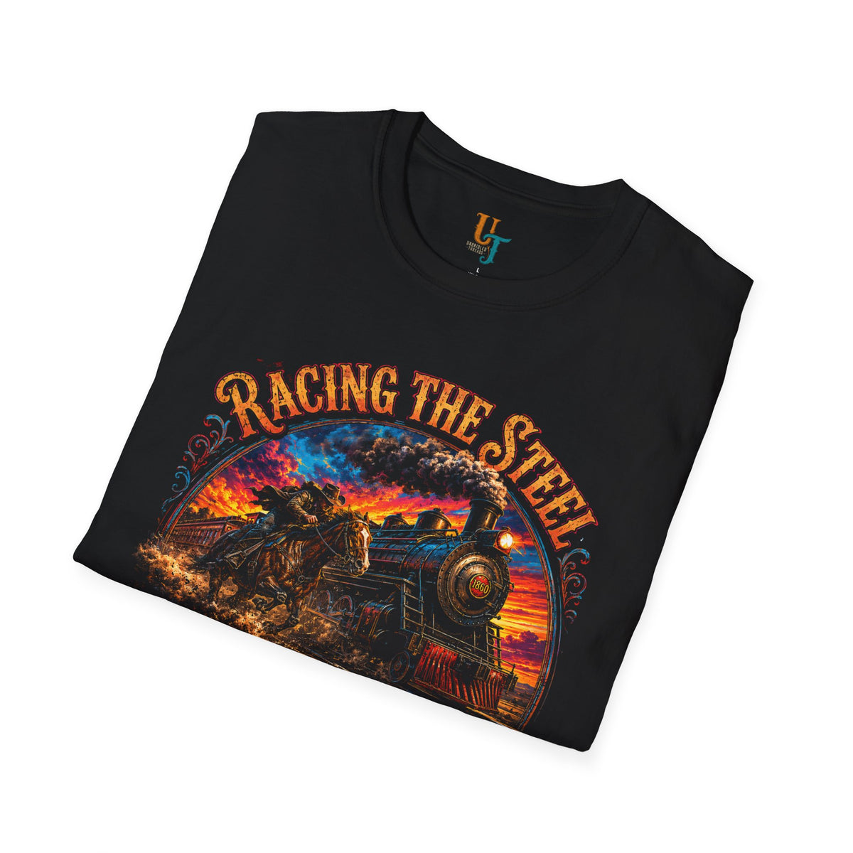 Pony Express vs Train T-Shirt — 'Racing the Steel' Vintage 1860 Western Horseman Design
