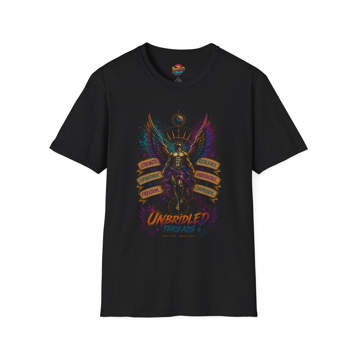 Angel of Resilience Graphic T-Shirt — "Unbridled" Inspirational Winged Armor Tee