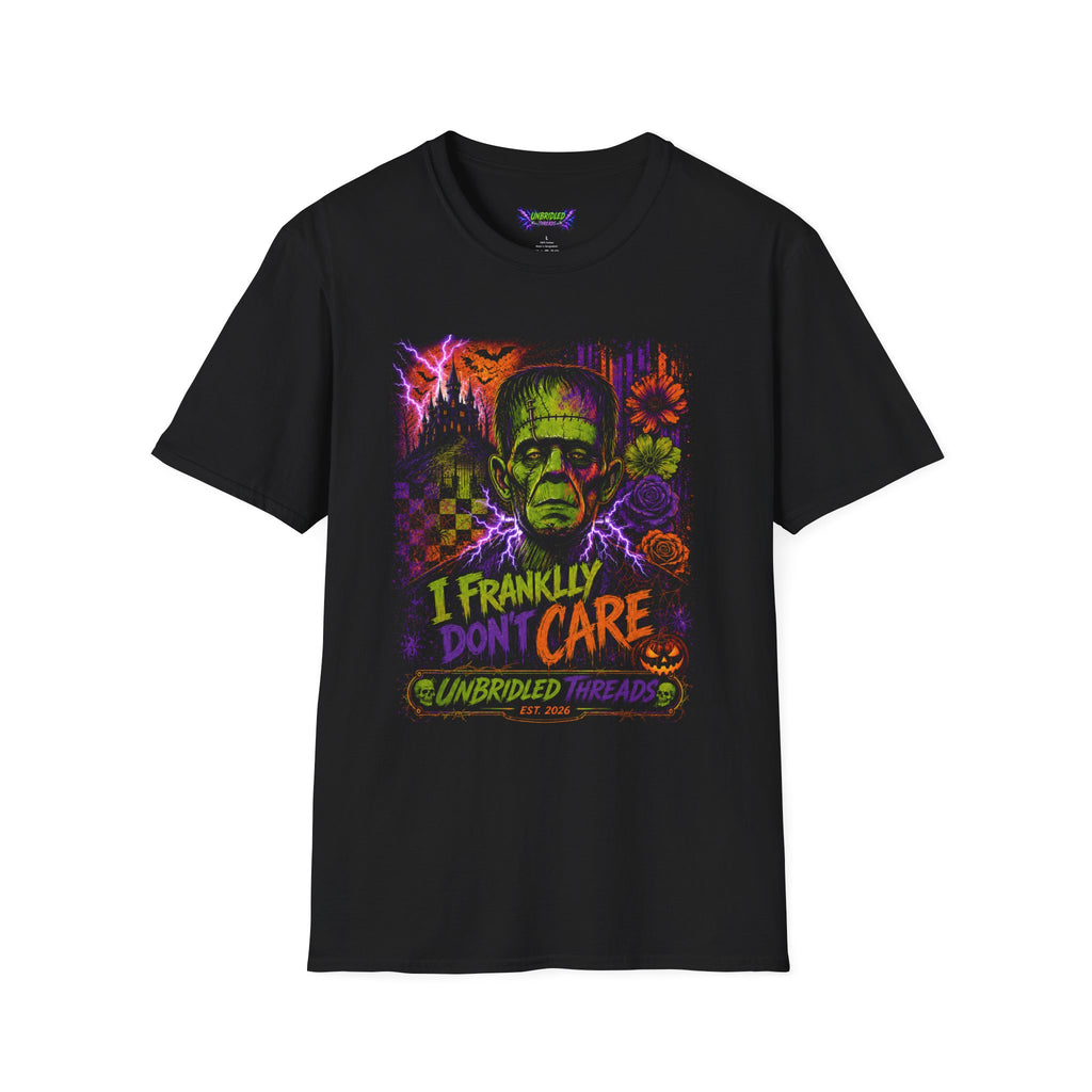 Frankly I Don't Care Frankenstein On Black T-Shirt —Vibrant Color Tee