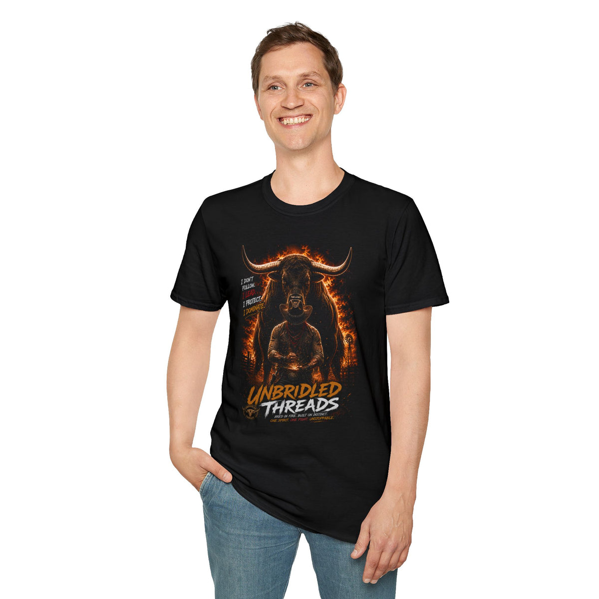 Unbrideld Threads Flaming Longhorn Bull and Cowboy T-Shirt — "I Don't Run, I Protect, I Dominate" Graphic Tee