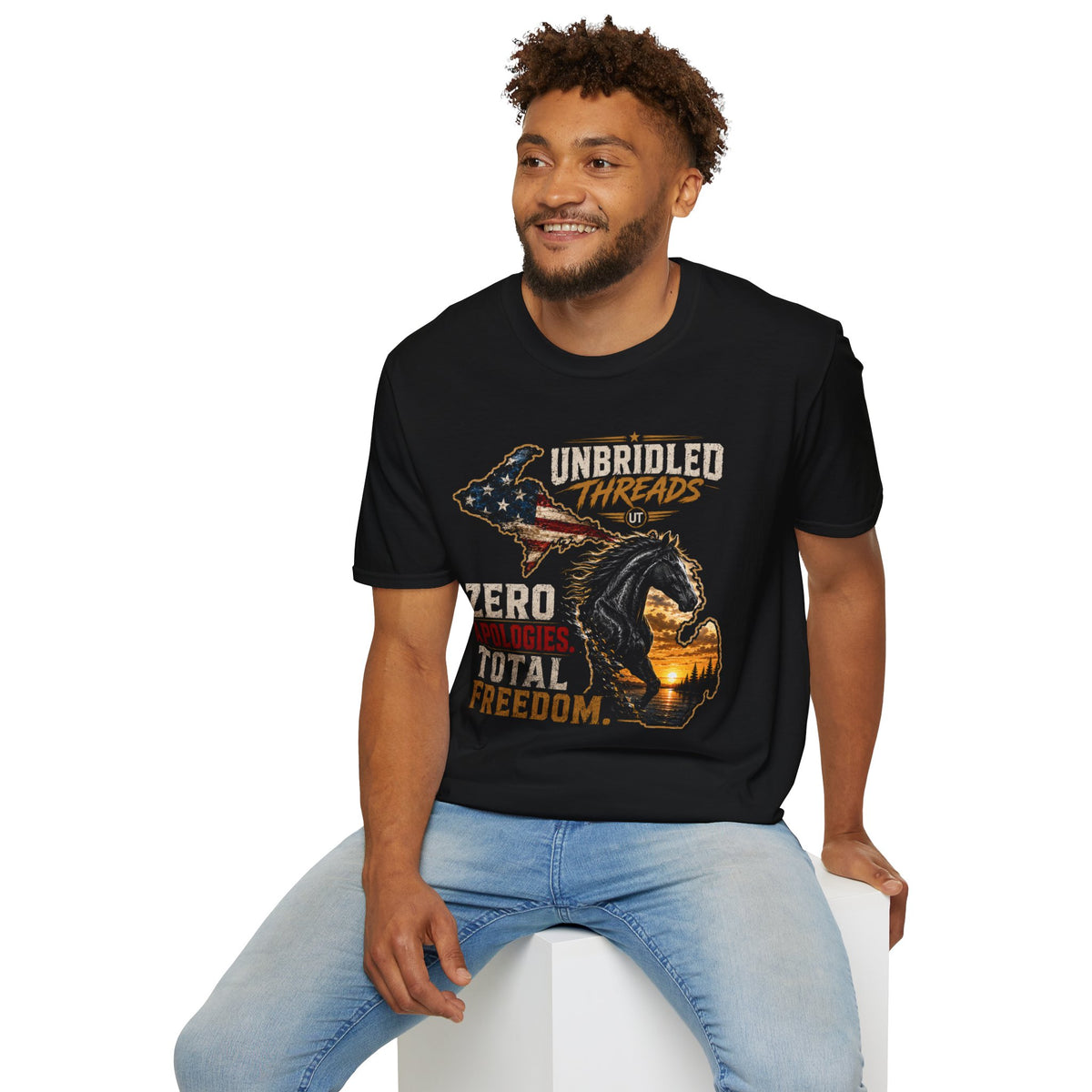 Unbridled Threads Freedom T-Shirt — "Zero Apologies Total Freedom"  Michigan Patriotic Horse Tee