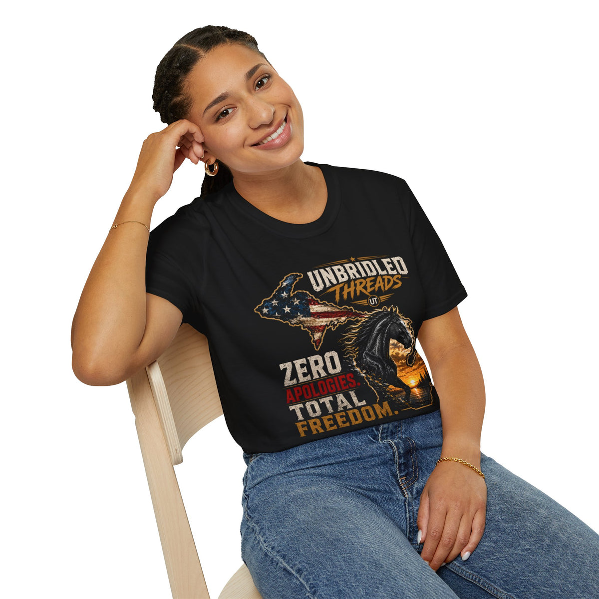 Unbridled Threads Freedom T-Shirt — "Zero Apologies Total Freedom"  Michigan Patriotic Horse Tee
