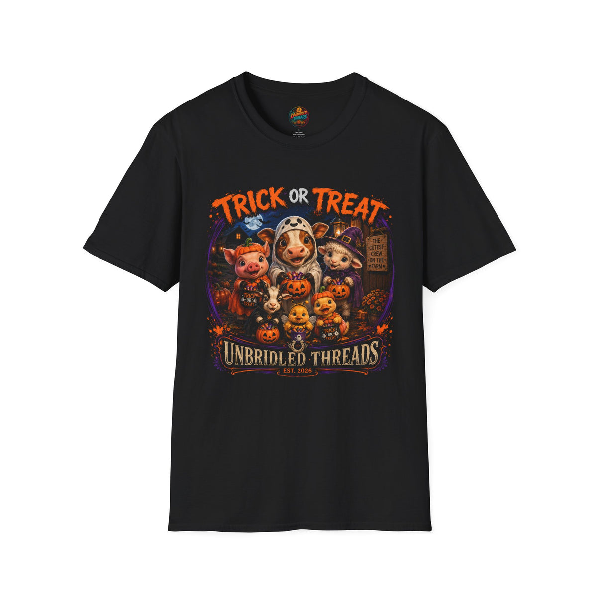 Halloween 'Trick or Treat'  Cute Pig, Cow & Cat Costumes Graphic On Black T-Shirt
