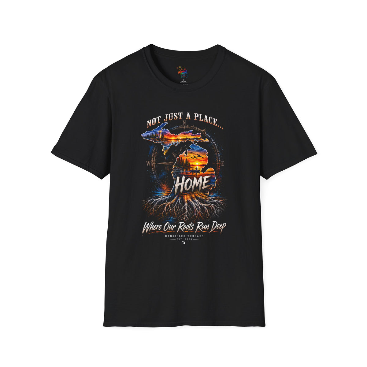 Michigan Sunset Landscape black Graphic T-Shirt — "Not Just a Place... Home" Unbridled Threads