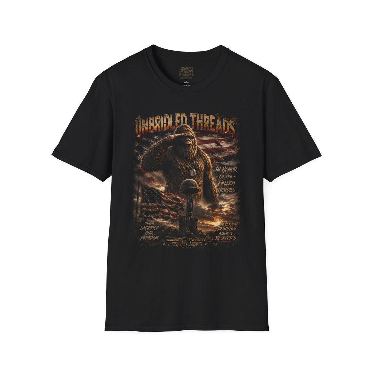 Unbridled Threads Honor Fallen Heros  American Bigfoot Graphic Black T-Shirt