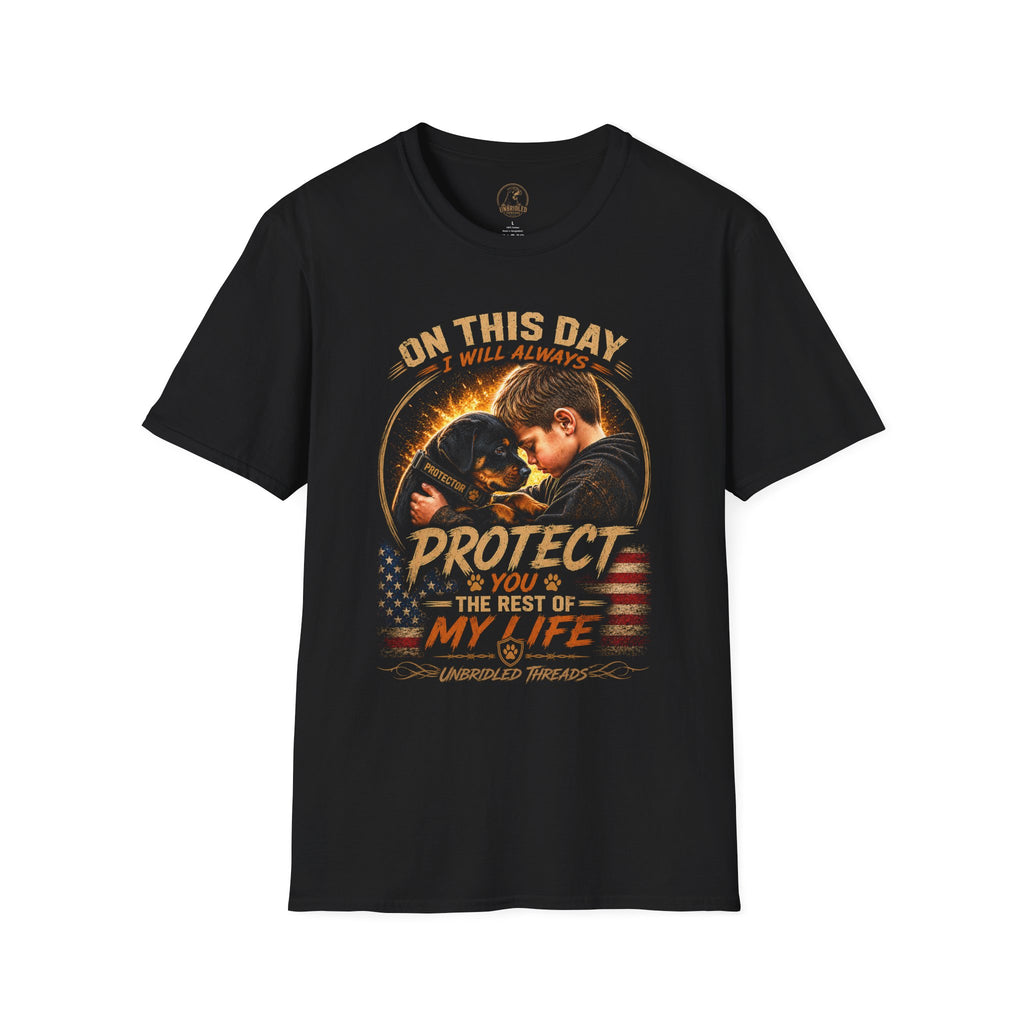 "On This Day I Will Always Protect You with My Life" Rottweiler Pup And Child Grphic On Black T-shirt