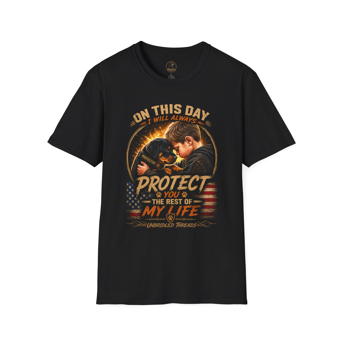 "On This Day I Will Always Protect You with My Life" Rottweiler Pup And Child Grphic On Black T-shirt