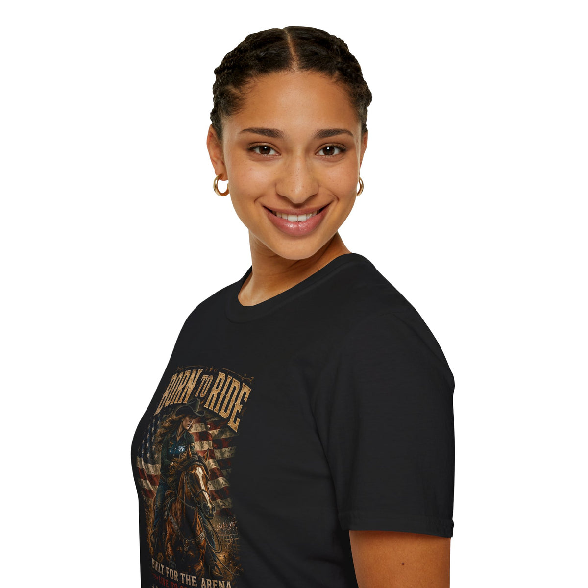 Born to Ride Cowgirl T-Shirt – American Flag Rodeo Arena Western Tee