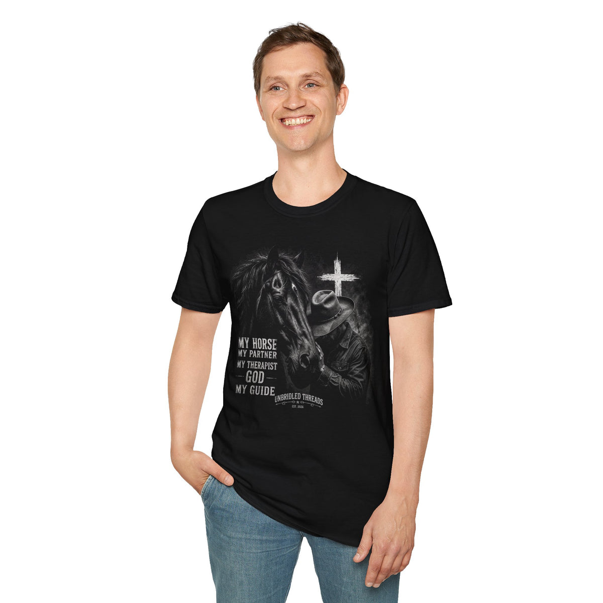 Horse & Faith T-Shirt — "My Horse Is My Partner...God My Guide" Christian Equestrian Tee