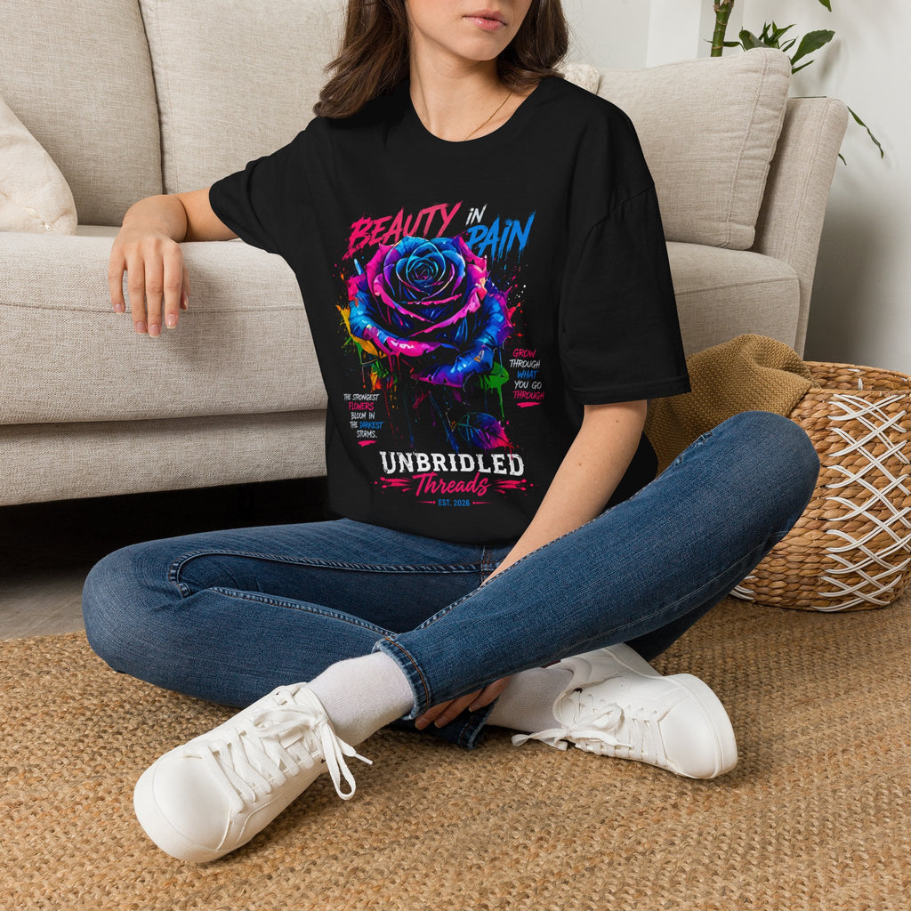 Beauty in Pain Rose T‑Shirt —  Unbridled Threads  Neon Floral Graphic Tee