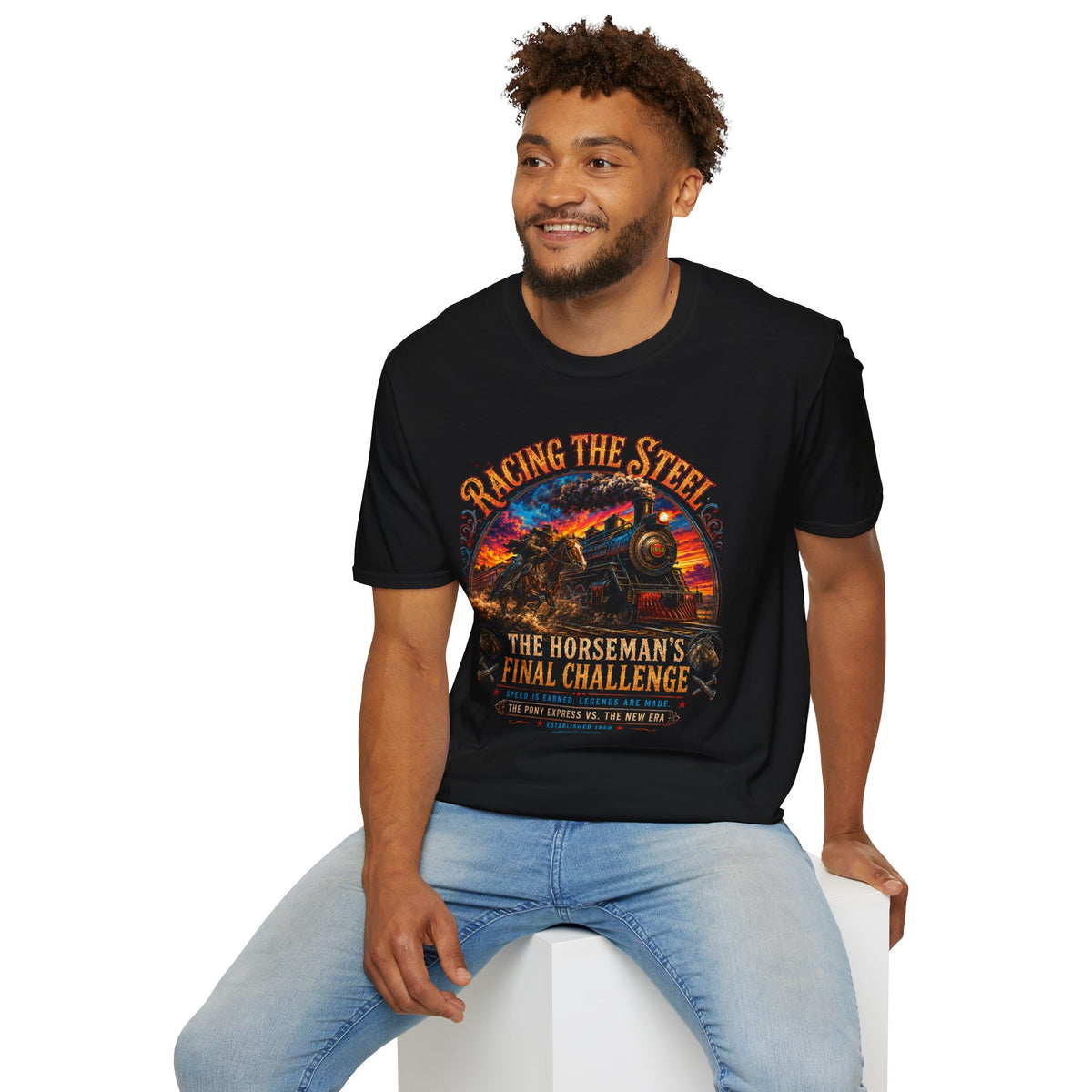 Pony Express vs Train T-Shirt — 'Racing the Steel' Vintage 1860 Western Horseman Design