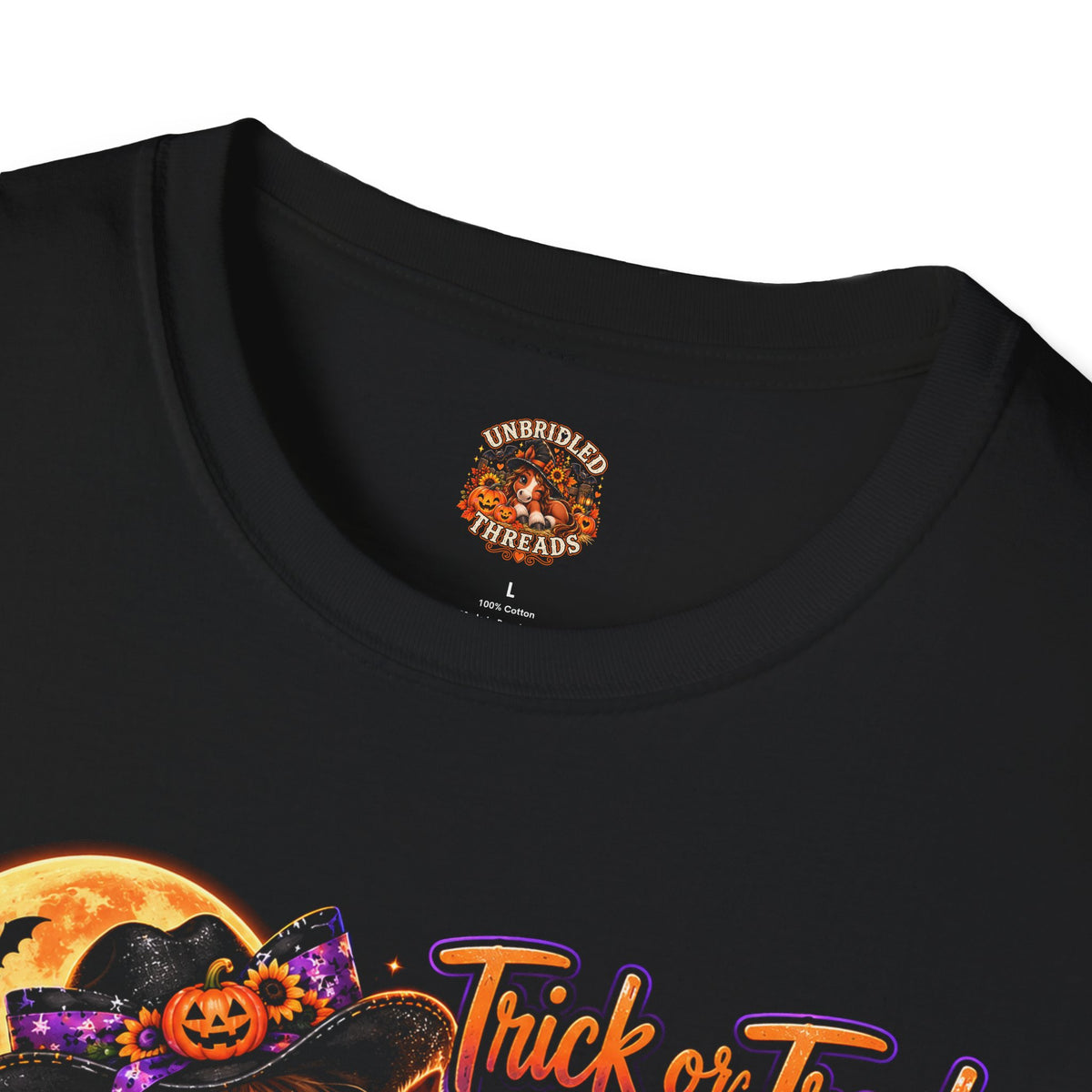 Halloween 'Trick or Treat Ride Repeat' T-Shirt — Cute Witch & Horse Pumpkin Design